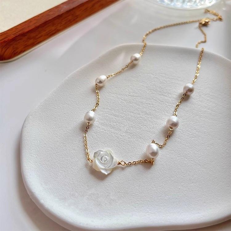 Radiant Rose Pendant Necklace: Titanium Steel, Rice Grain Freshwater Pearls, Mother-of-Pearl Stars, Women's Clavicle Chain