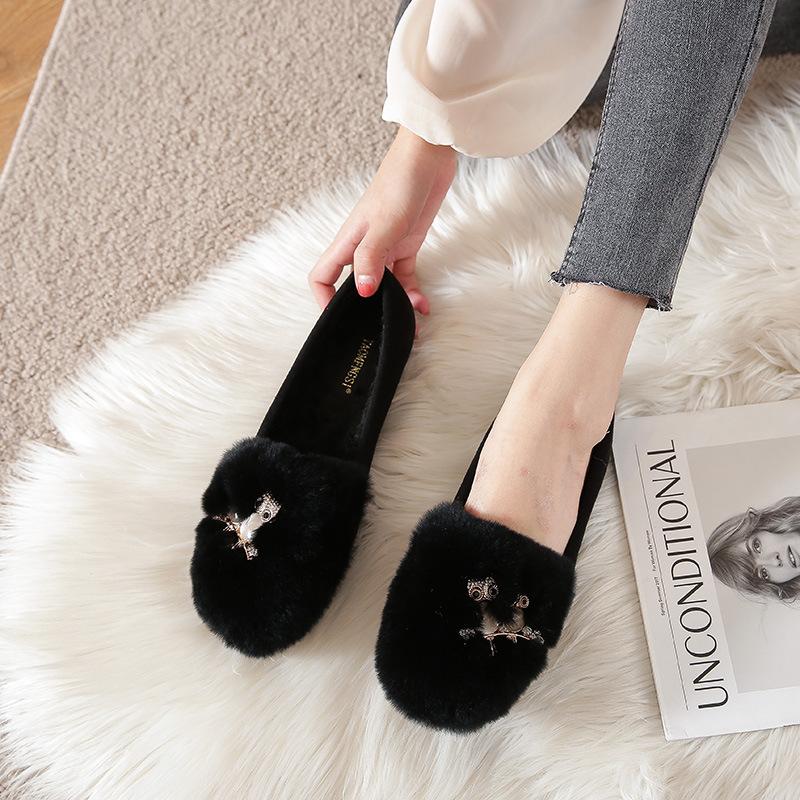 Fashion Big Size 34-43 Pom-Pom Rabbit Fur Shoes Women Owl Stone Moccasins Winter Plush Warm Boots Ladies Wool Flats Femme Cotton Loafers