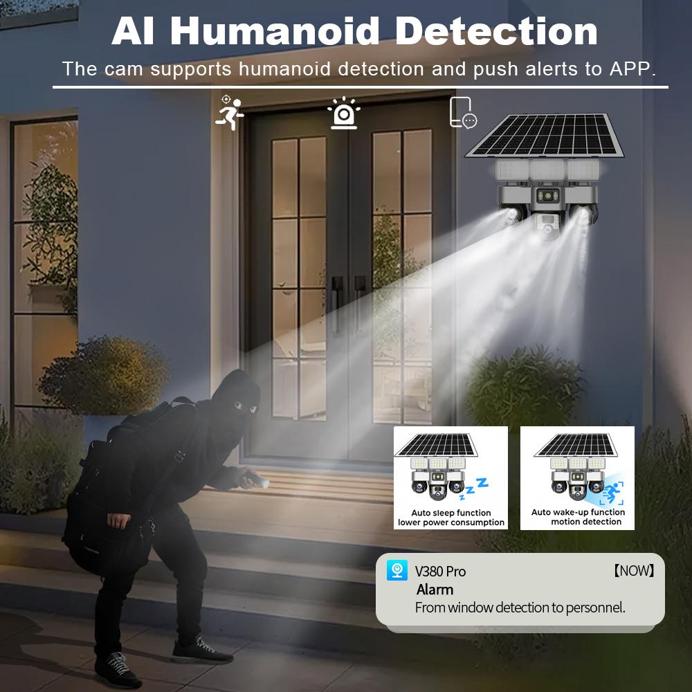 V380 PRO 4G SIM-Kartenkamera mit Solarpanel Outdoor-Flutlicht Dreifach-PTZ-Kamera Überwachung Sicherheits-Schutz CCTV Videokamera V380 Pro
