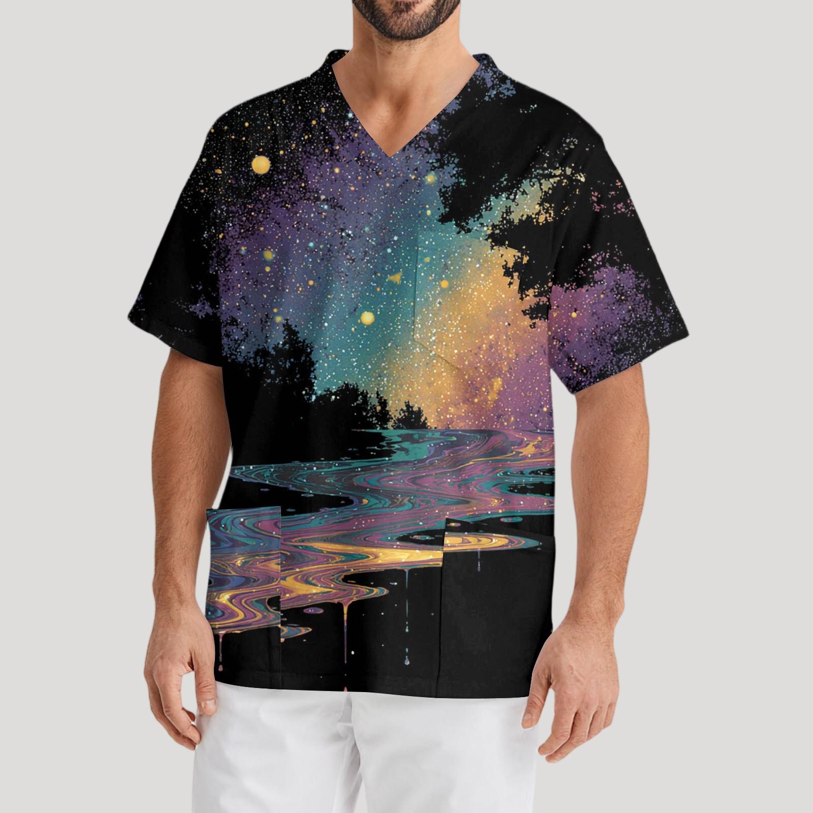 

Мужская рабочая блузка с короткими рукавами и v-образным вырезом с принтом, топ с нагрудным карманом XL фиолетовый