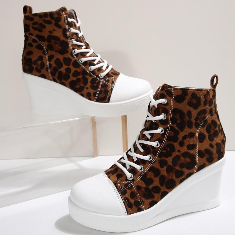 High Top Herbstmode Neu Runde Zehenpartie Gespleißt Leopard Schnürung Plateau Rutschfest Abriebfest Keil Einzeln