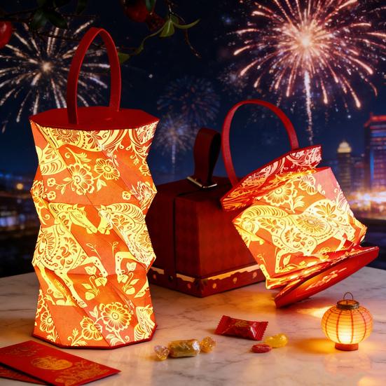 Yousheng Foldable Lantern Night Light Portable Hanging Ambient Lamp with Handle Year of The Horse Festive Gift for Home Decor Chinese New Year