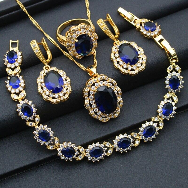 

Наборы свадебных украшений золотого цвета для женщин, свадебные изумрудно-синие серьги с цирконием, кулон, кольцо, браслет-цепочка, Рождественский подарок 9