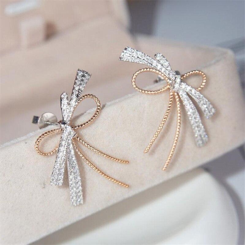 2021 New Sparkling Luxury Jewelry 925 Sterling Silver Pave White Sapphire CZ Diamond Women Wedding Bow Stud Earring Gift