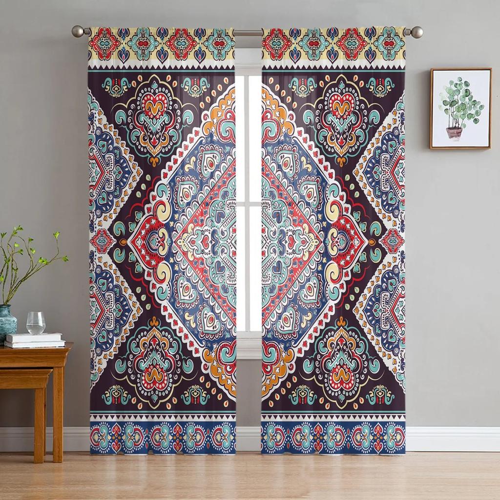 Indian Floral Paisley Tulle Curtains for Living Room Print Sheer Voile Curtain Bedroom Window Screening Drapes Blinds Home Decor