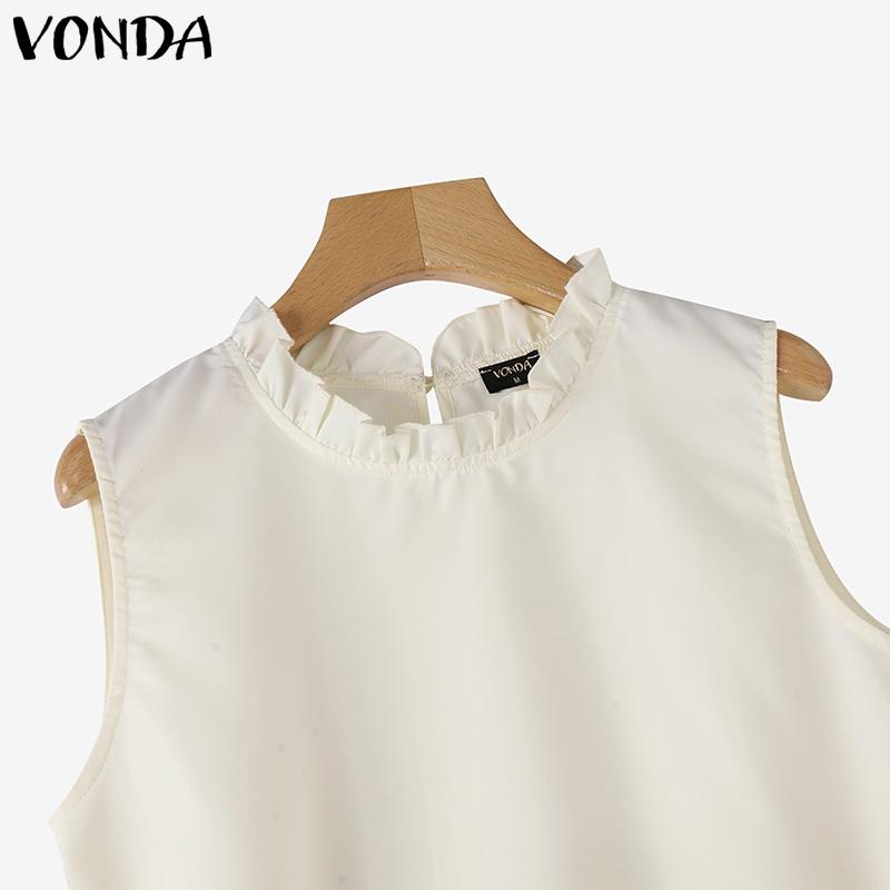 VONDA Women Summer Ruffled Neck Sleeveless Solid Color Casual Tank Tops