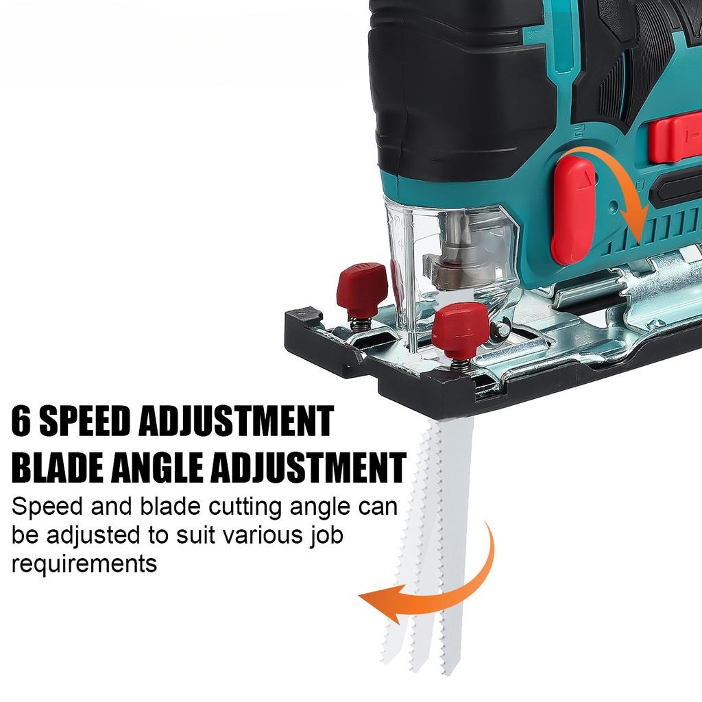 1080W 12V Cordless Jig Saw Electric Jigsaw 70mm 6 Speed Adjustable Portable Woodworking Power Tool 45 Degree Tilt Angle