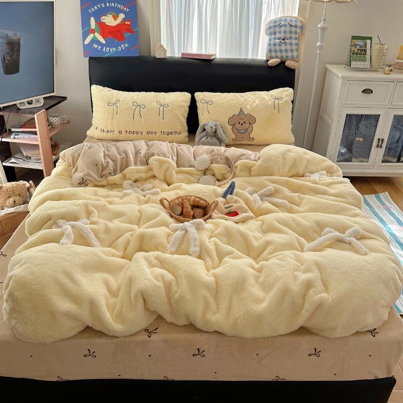 Winter new soft rabbit fleece four-piece set three-dimensional bow thickened warm milk fleece duvet cover dormitory