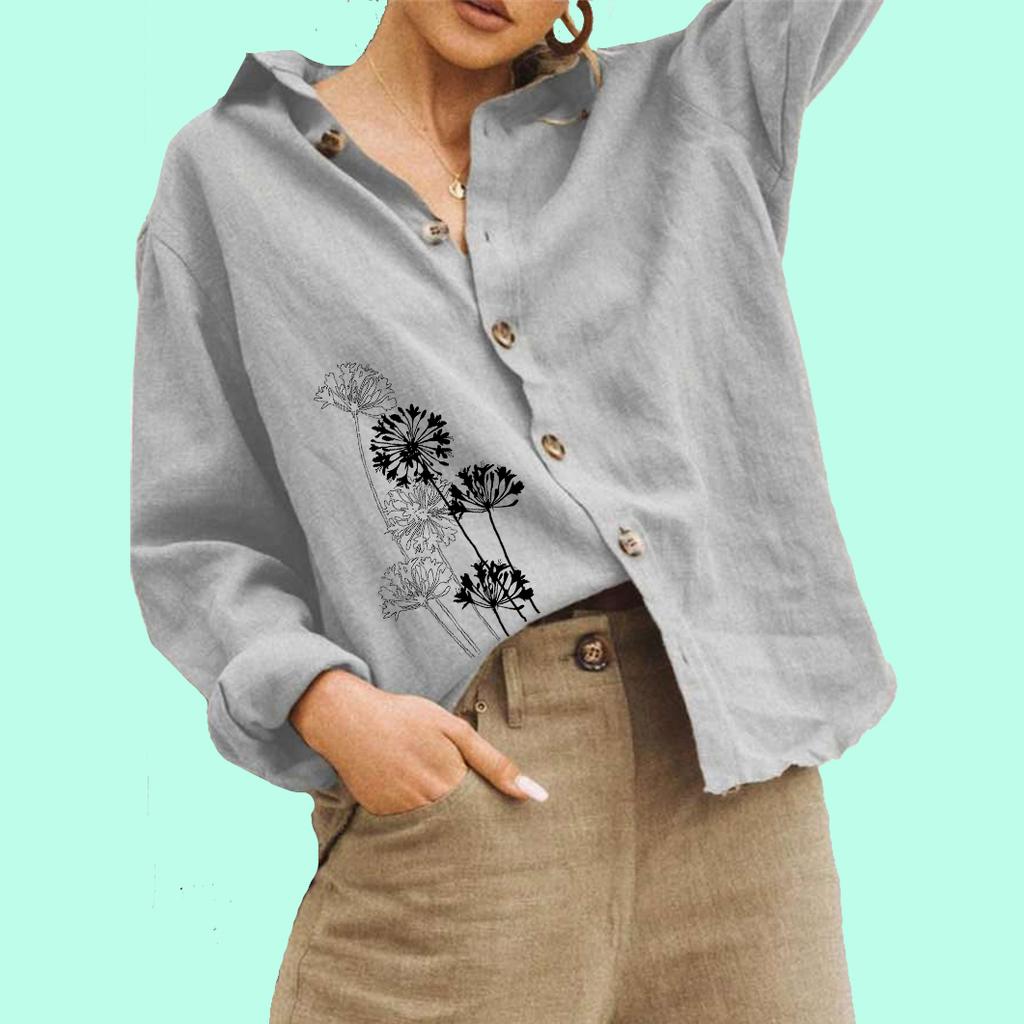 Women Fashion Cotton Linen Blouse Ladies Floral Print Top Casual Buttoned Long Sleeved Shirt