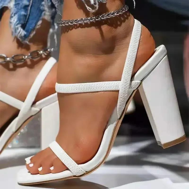 Summer Woman Open Toes Heel Shoes Thick Heels Sandals Square Head Minimalist Design Fashionable and Versatile Large Size 7CM