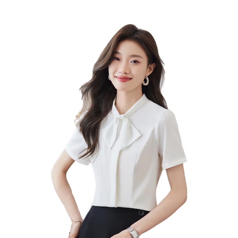 Women s Short Sleeve Professional Scarf Collar Shirt & Skirt Set L