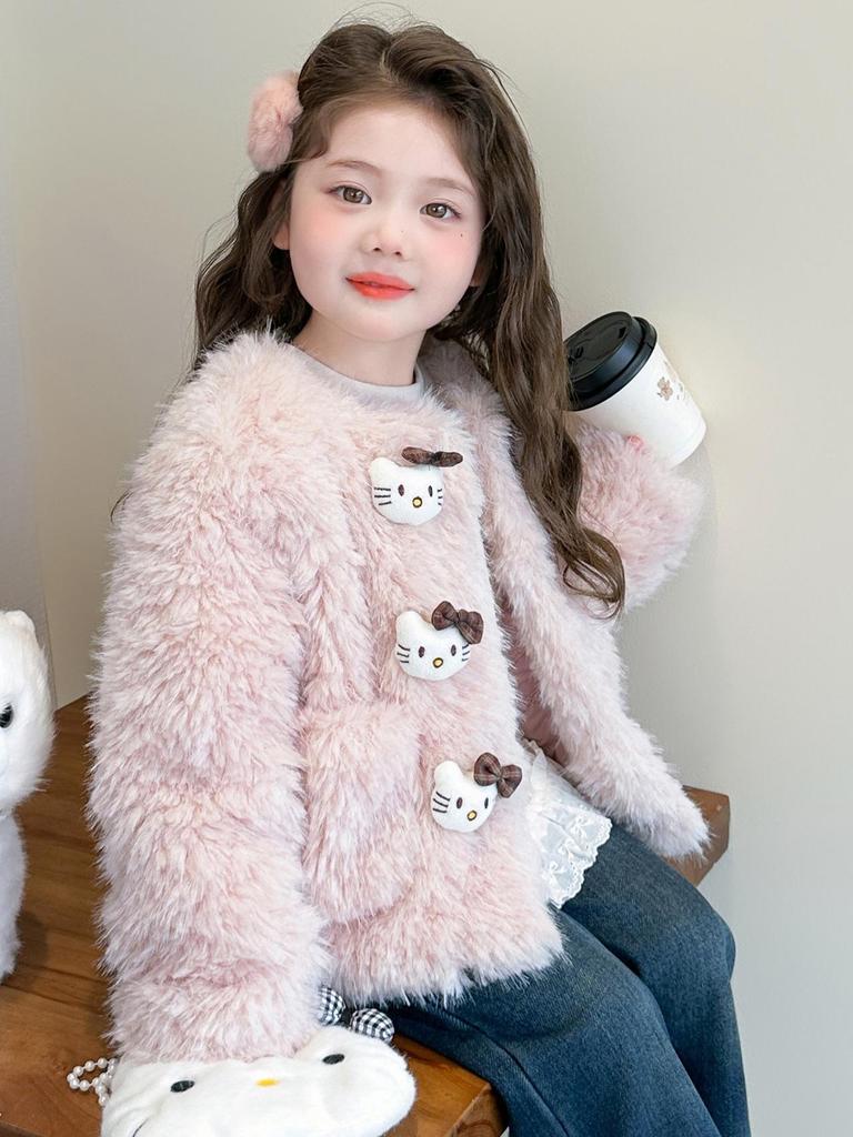 Girls' Faux Fur Fuzzy Coat - 2025 Fashionable Fleece-Lined Autumn/Winter Sweater for Children