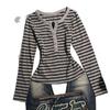 T-shirt da donna a maniche lunghe a righe stile coreano, pigra, con bottoni retrò