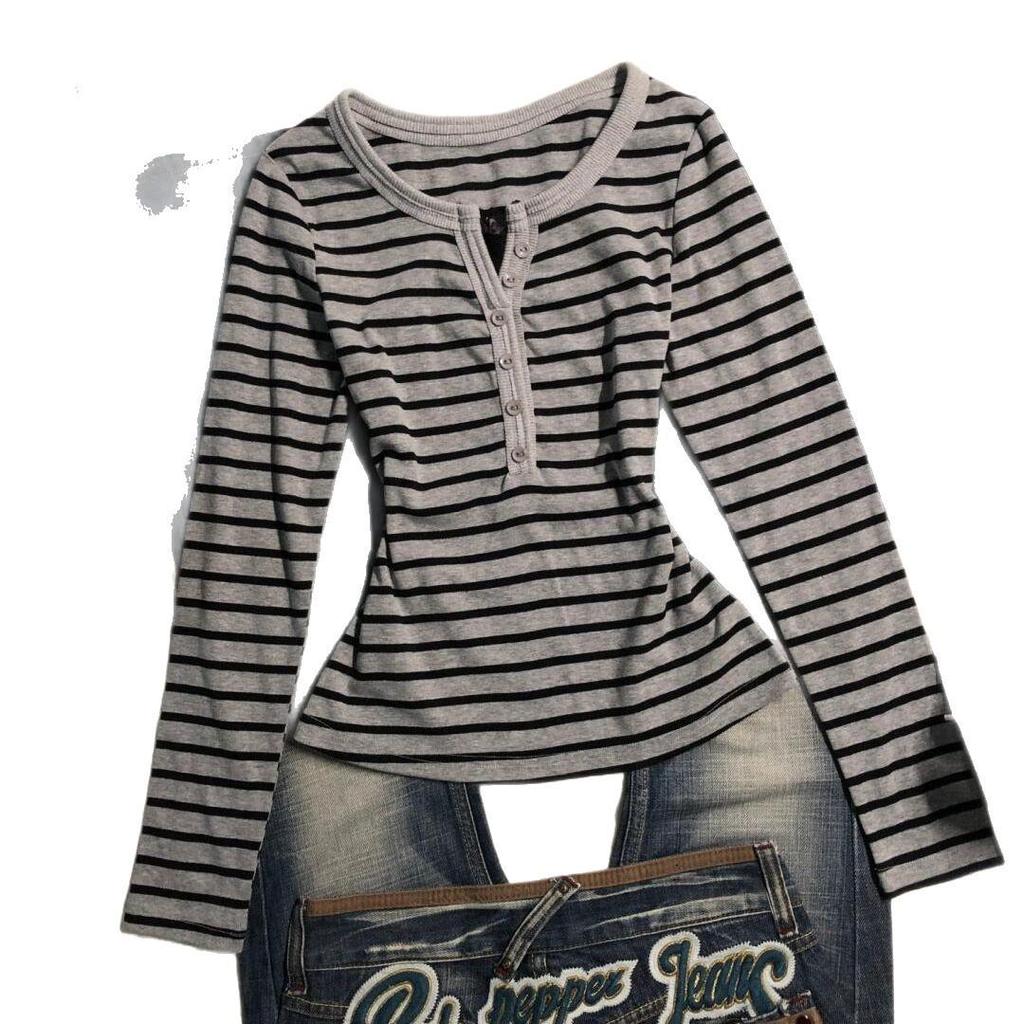 T-shirt da donna a maniche lunghe a righe stile coreano, pigra, con bottoni retrò