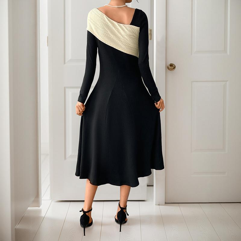 YYFS Női divat tavaszi őszi egyszínű nyomtatású, hosszú ujjú, V-nyakú, magas derekú alkalmi ruhák