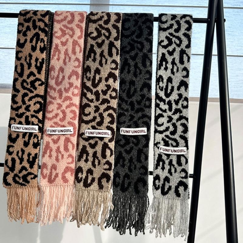 Vintage Leopards Print Tassels Scarf Soft Acrylic Neckerchief Warm Fashion Scarves for Women Warm Accessory