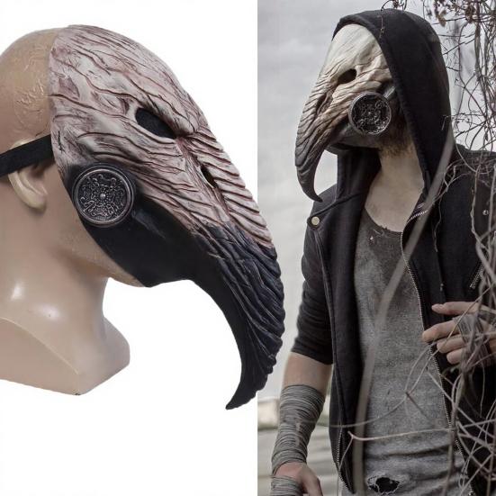 Comfortable Breathable Face Masque Long Nose Raven Masquerade Masque, Steampunk Bird Beak Cosplay Costume, Retro Wood Grain Cushion Latex Scary Creepy