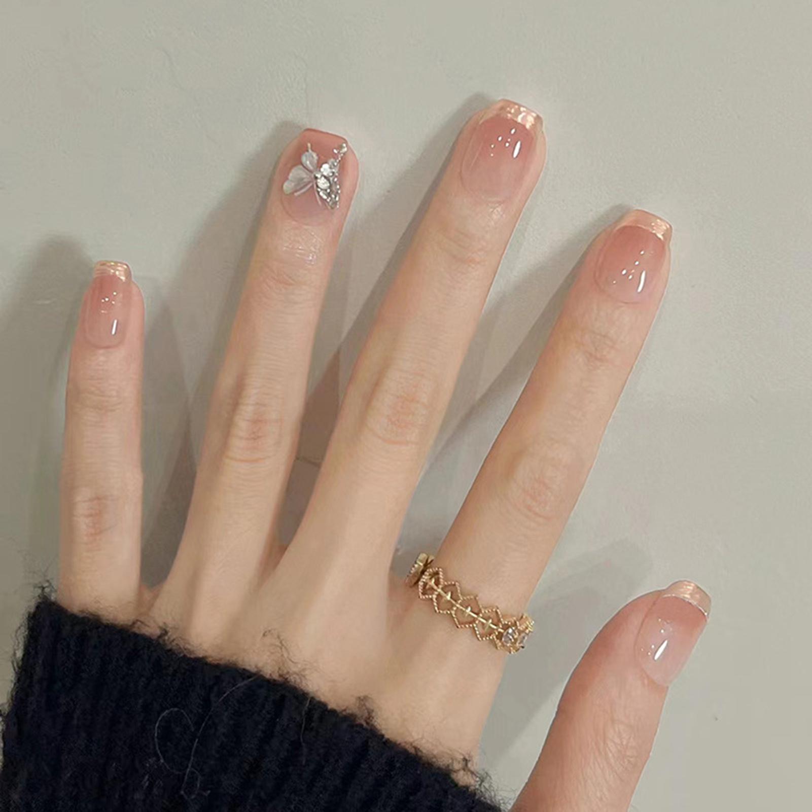 24PCS 3D Peach Flower French Style False Nails Fake Nails Manicure Nails Tips Removable Fake Nails Acrylic Press on Nails