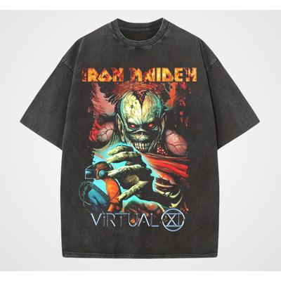 Vintage LRON Maiden Iron Lady Rock Washed Tshirt for Men Women American Retro Washed Hip Hop Street Short Half Sleeve Trendy