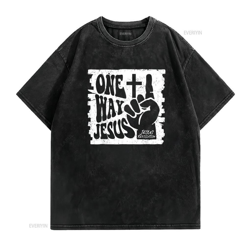 Heren Vintage One Way Jezus T-shirt Zwart X Large vintage Gewassen streetwear Comfortabele designer kleding Zacht Unisex mode