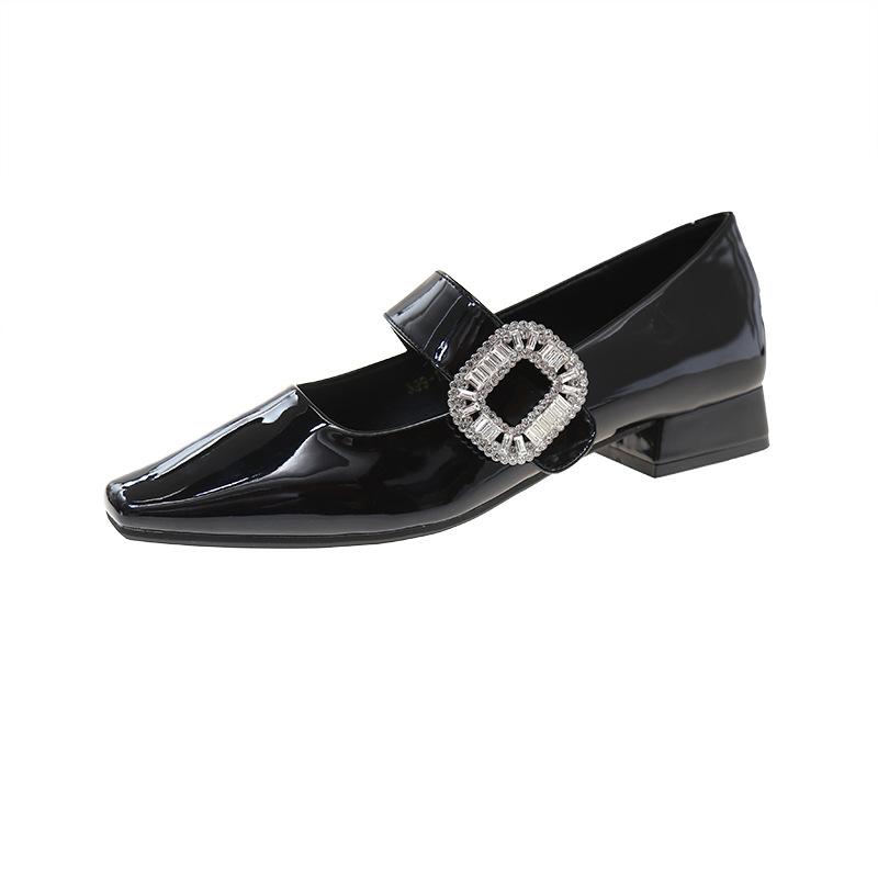 

Туфли Мэри Джейн со стразами, женские, весна-лето 2025, новые, лакированная кожа, квадратный каблук, толстый каблук, низкий каблук, одно слово с одинарными туфлями, детские 35 чёрный