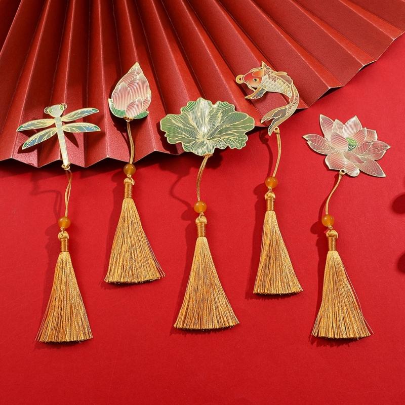 5 Pcs Chinese Style Bookmarks Page Markers Reading Bookmarkers Leaf Shape Bookmarks Metal Bookmarks with Tassels