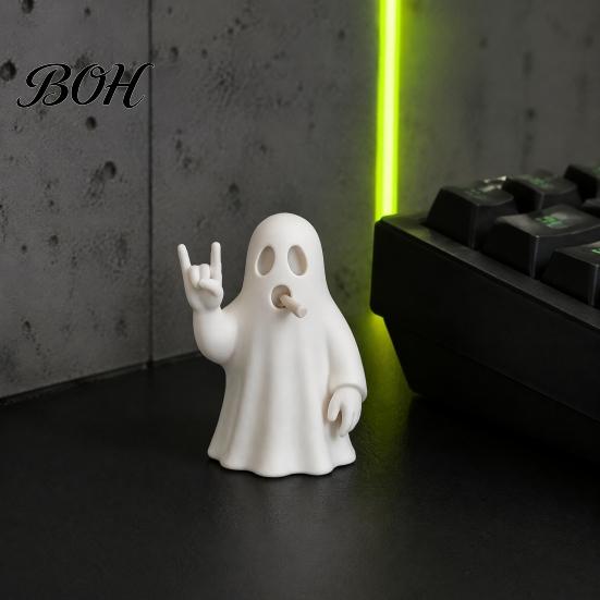Studio Desktop Decoration 3D Printed Rock Ghost Figurine, Cool Hand Gesture Statue, Matte Style Desk Decor White for Bedroom Gaming Studio, Halloween