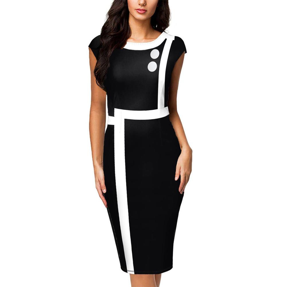 

Женское вечернее платье с круглым вырезом, без рукавов, подходящее по цвету, облегающее, с высокой талией, декором на пуговицах, длиной до колена, формальное, деловое, выпускного, банкета, миди XL чёрный