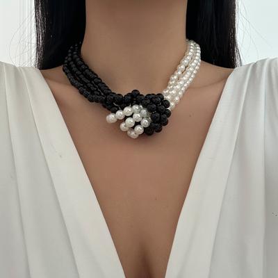 Multi-layer Imitation Pearl Necklace, Fashionable Literary and Retro Black and White Color Matching Jewelry, High-end Women's Collar