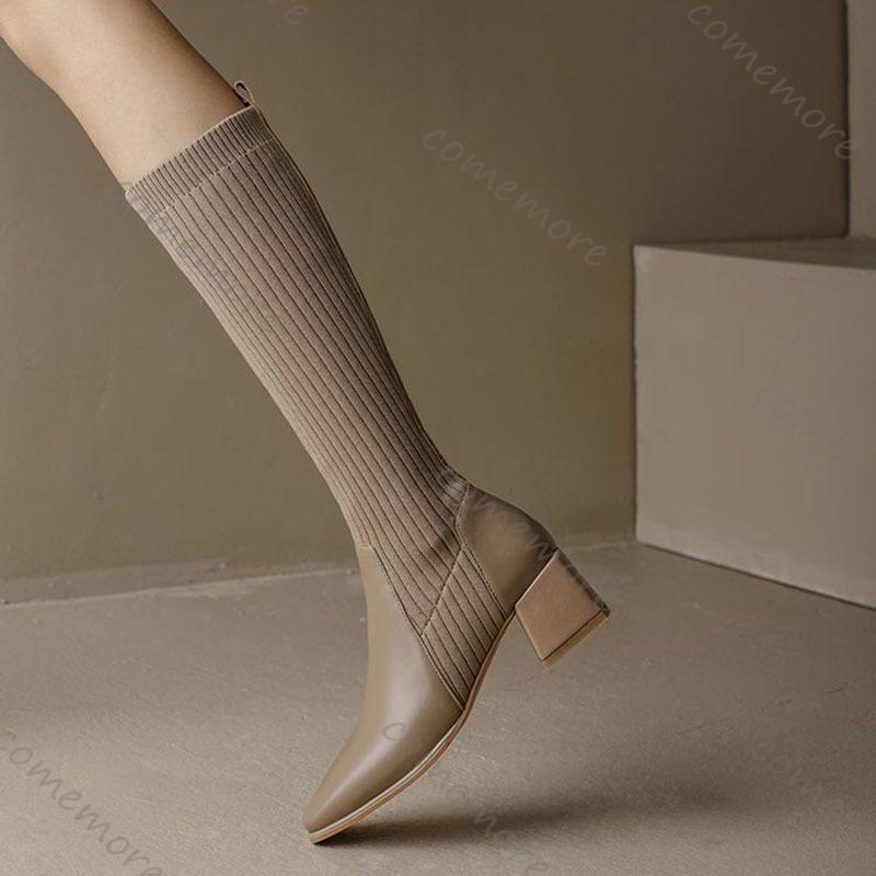 Fashion Comemore Retro Knitted Knee High Elastic Boots Chunky High Heeled Women's Sock Long Boots Casual Slip on Autumn Single Botas