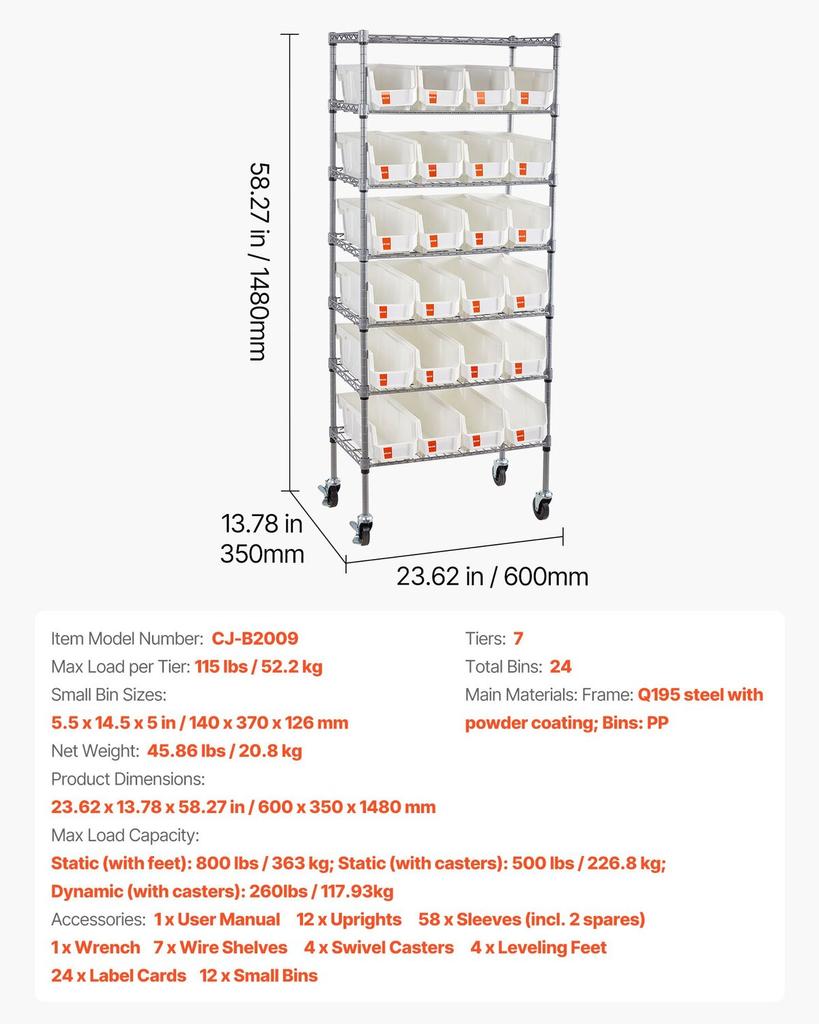 7-Tier Rolling Bin Storage Rack, 24 Small Bins, Bin Rack Storage Steel Wire Shelving System with Wheels, Mobile Tool Organizer for Garage, Warehouse,