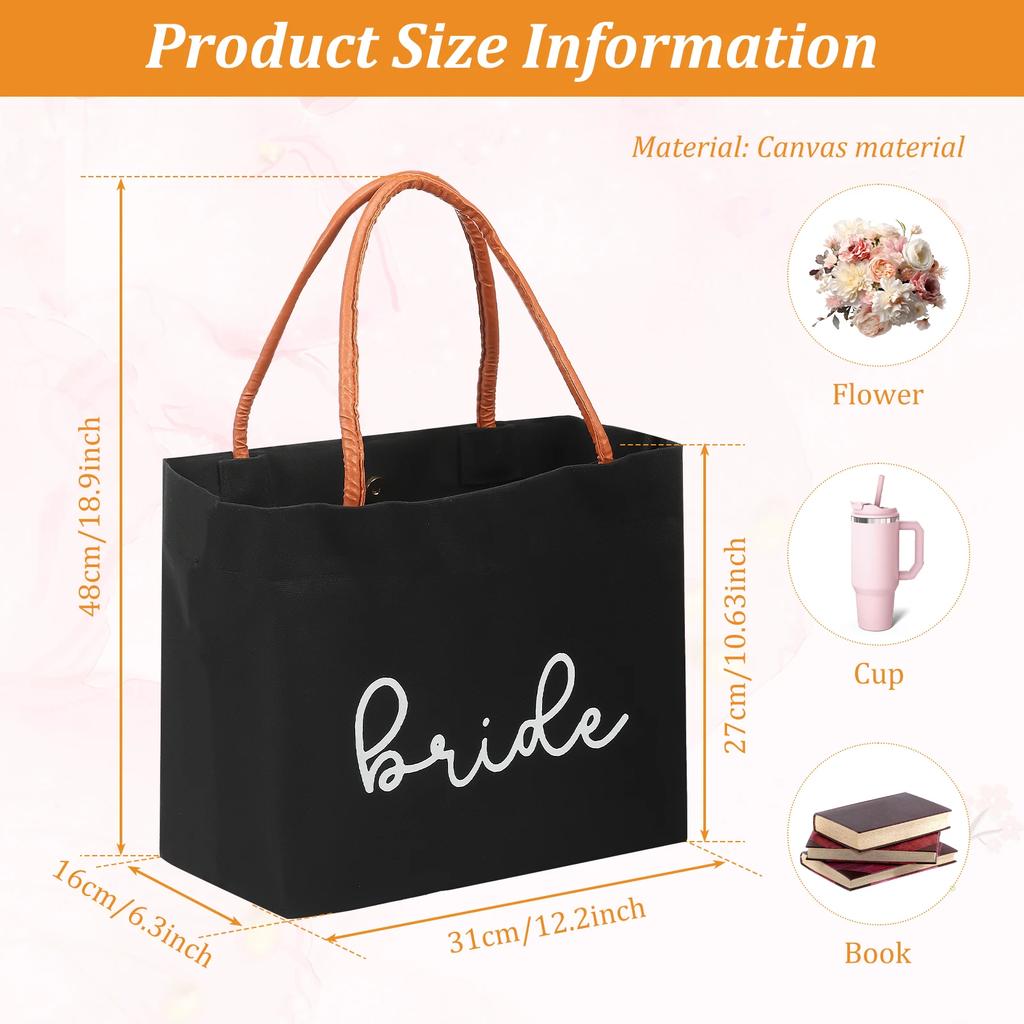 Bride Tote Bag Large Capacity Canvas Bags with Bride Lettering Shopping Handbag for Engagement Wedding Bachelorette Party Travel