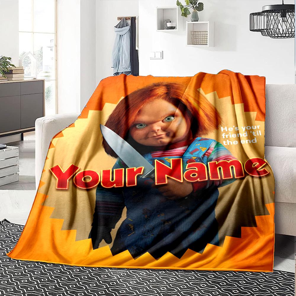 1pc Chucky Blanket with Custom Name, Gift, for Men and Women, Soft Blanket, Good for Sofa Bed Couch Travel, Lightweight Flannel Blanket
