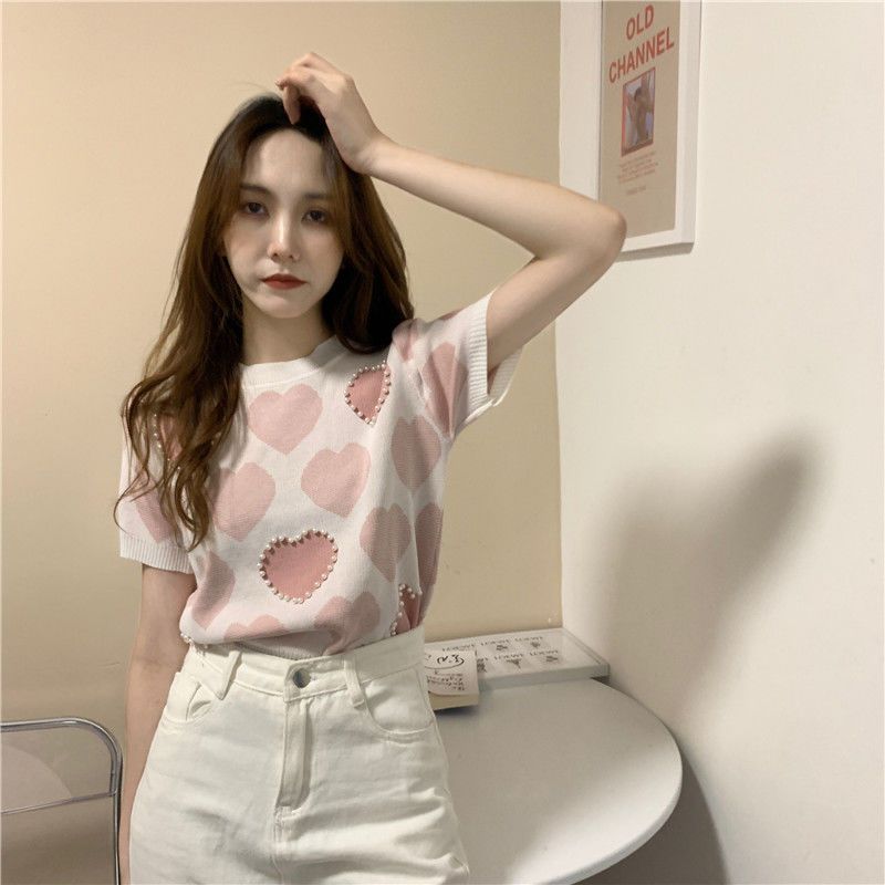 Ice Silk Knitted Short Sleeved Women's Summer Thin Design Niche French Gentle Style Short on Top Clothing
