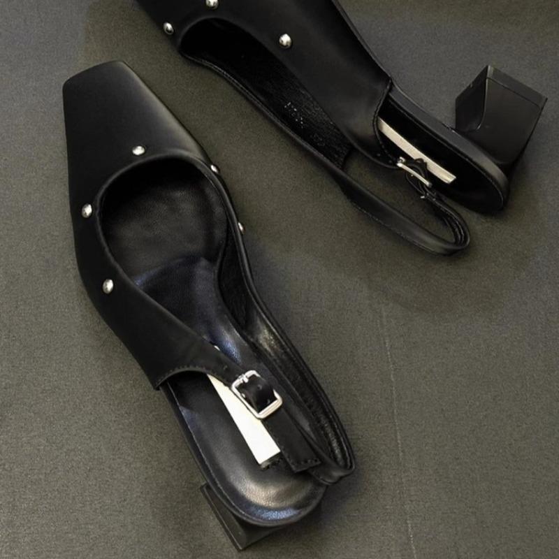 Fashion Spring and Summer Baotou Sandals Women's New Square Toe Shallow Mouth Rivet Back Trip Buckle Strap Block Heel Kitten Heel Shoes