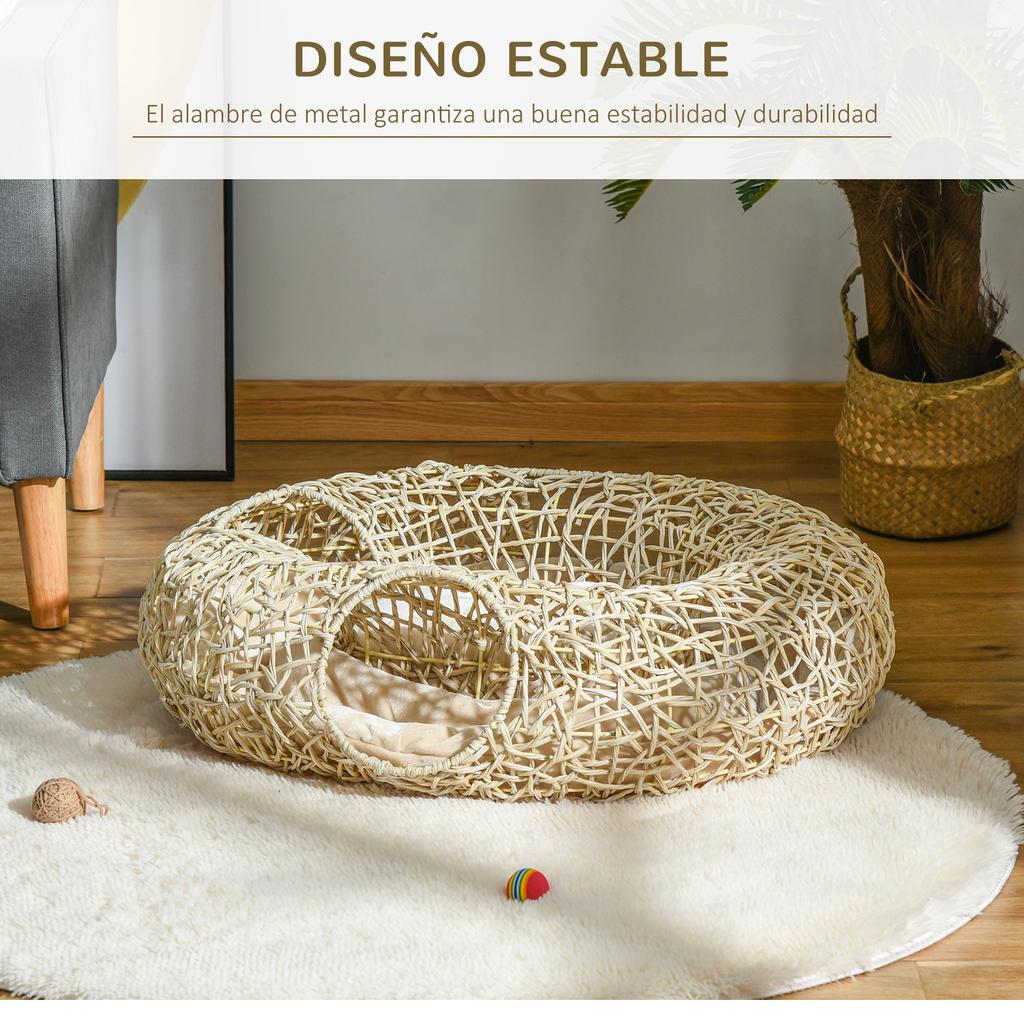 Rattan Cat Bed 78x69x22 Cm Plump Cat Basket with Soft Cushion 3 Access Holes Cat Tunnel Natural Wood