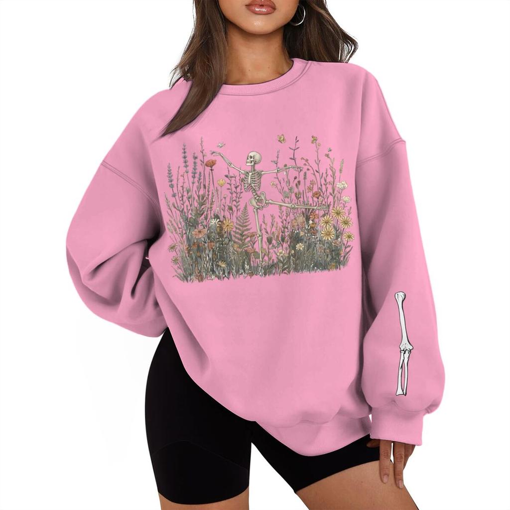 Halloween Skeleton Graveyard Print Sweatshirt Vintage Spooky Season Streetwear Fun Halloween Pullover For Men Women