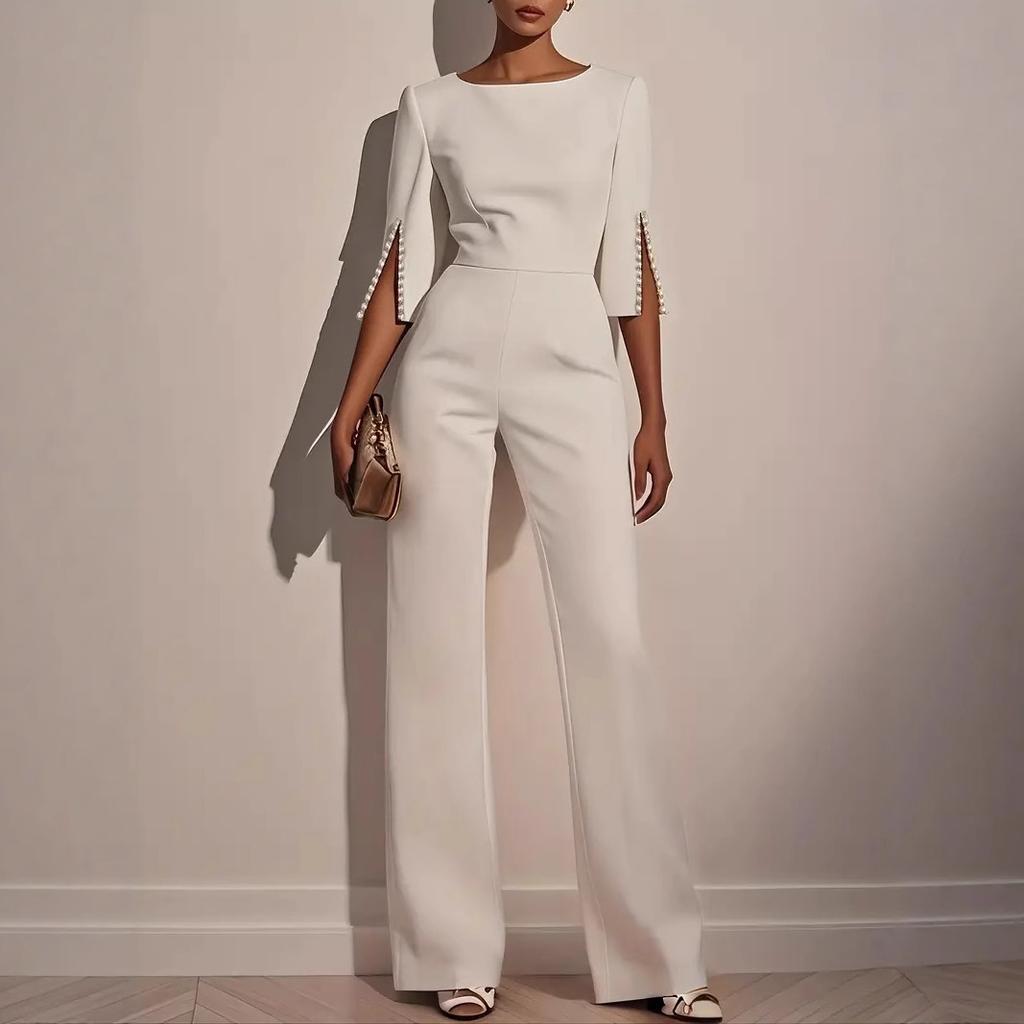 women's Pearl Embellished 3/4 Sleeve Solid Color Slim Fit Straight Leg Jumpsuit Evening Party Romper
