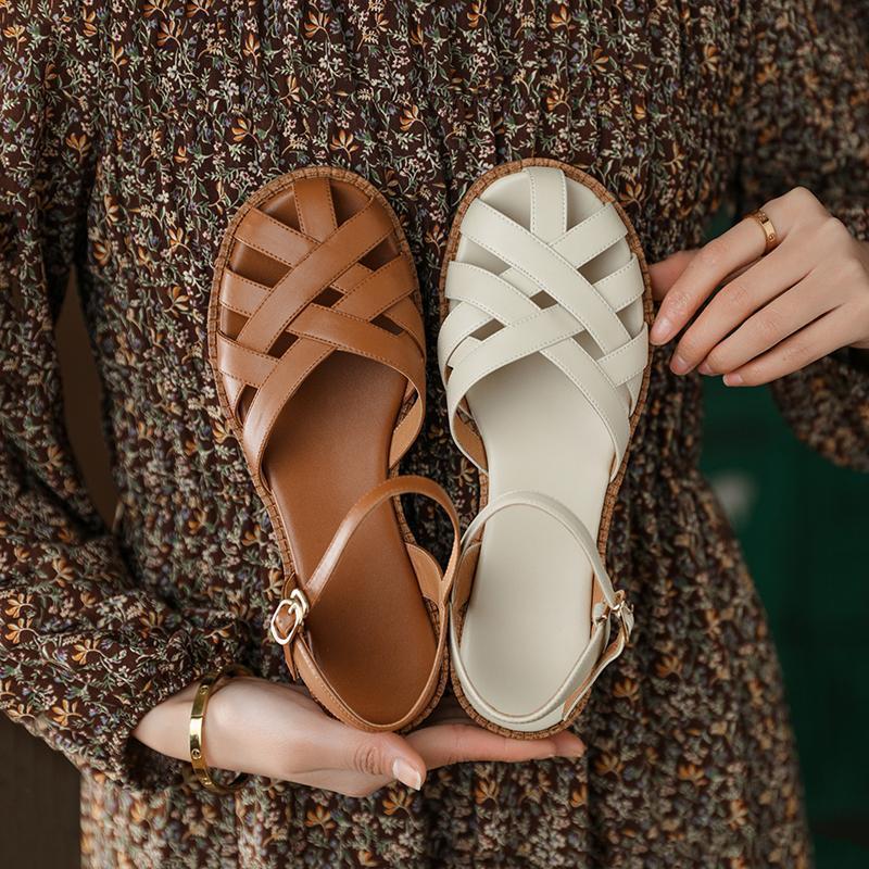 Mori Women's Style Retro Woven Bag Head Sandals Women's Spring 2025 New Thick Heel Low Heel One-word Buckle Roman Women's Shoes