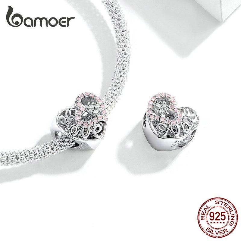 BAMOER Heart Shape Charm Fit Original Silver 925 Bracelet Pink CZ Heart In Heart Love Openwork Beads