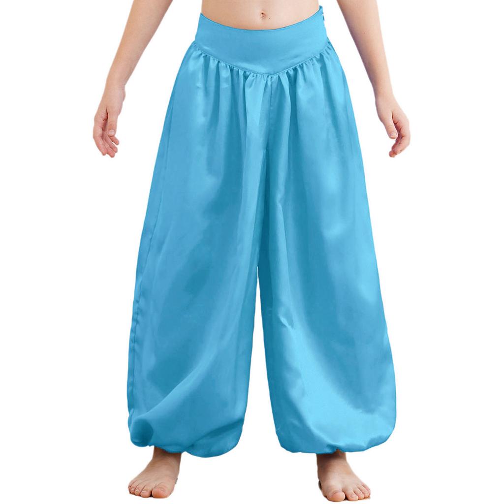 Completo da Danza del Ventre per Ragazze Rete Manica Lunga Monospalla Lucido Paillettes Crop Top Pantaloni Bloomers Satinati Gamba Larga