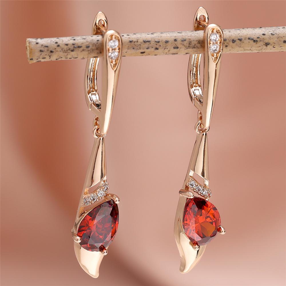 Luxury Crystal Water Blue Red Stone Classic Gold Color Drop Earrings Shining Zircon Dangle Boho Wedding  For Women