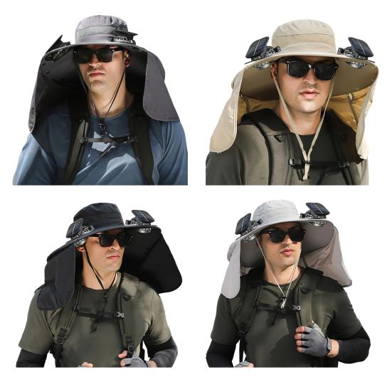 Bucket Hat Lightweight Breathable Water-Repellent Fabric Hiking Hat Adjustable Chin Cord Foldable Neck Guard Sun Hat with 2 Fans