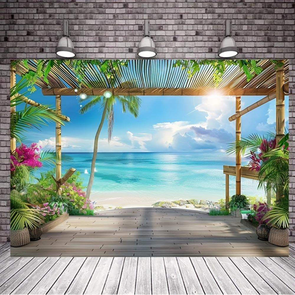 Beach Landscape Background, Tropic Ocean Sea Island Palm Tree Seaside Background For Living Room Summer Window 150x100cm