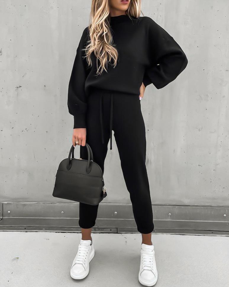 Women's High Neck Long Sleeve Pocket Trousers Two-Piece Set - Casual Autumn Winter Hoodie