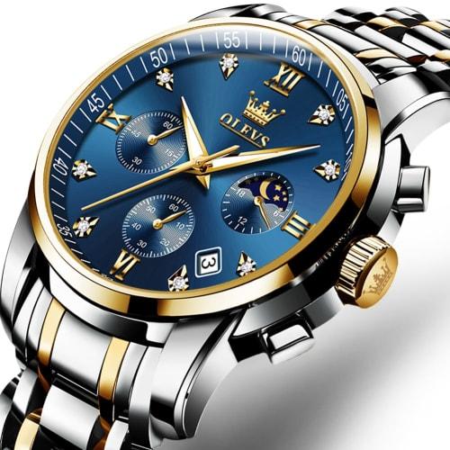 OLEVS Watch for Men Moon Phase Timer Quartz Stainless Steel Band Simple Fashion Waterproof Luminous Date Watch for men Blue