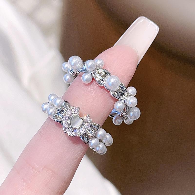 Pink Zircon Niche Design Sweet Pearl Bow Open Ring Women'S High-End Fashion Jewelry