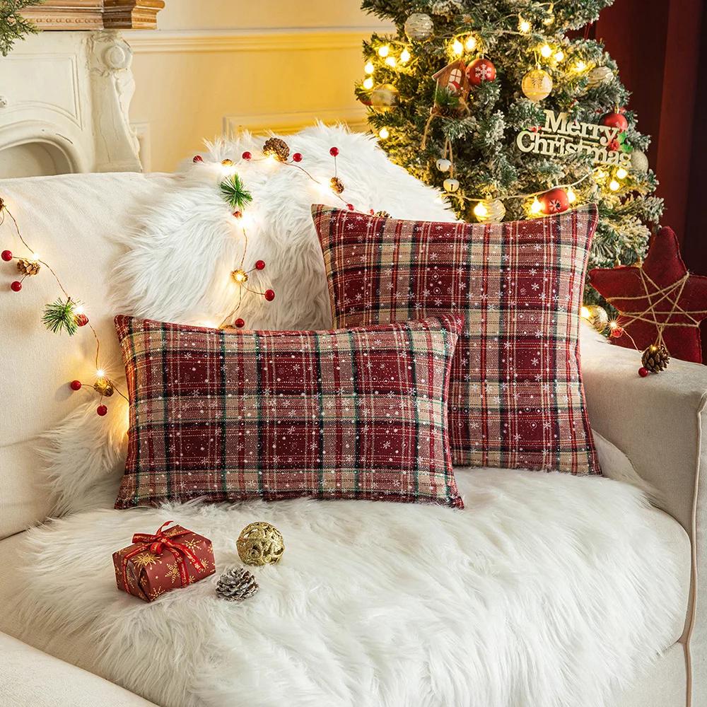 Home Christmas Decor Plaid Cushion Covers Red Checkered Polyester Cotton Xmas Ornament Snowflake Throw Pillowcase Decorative