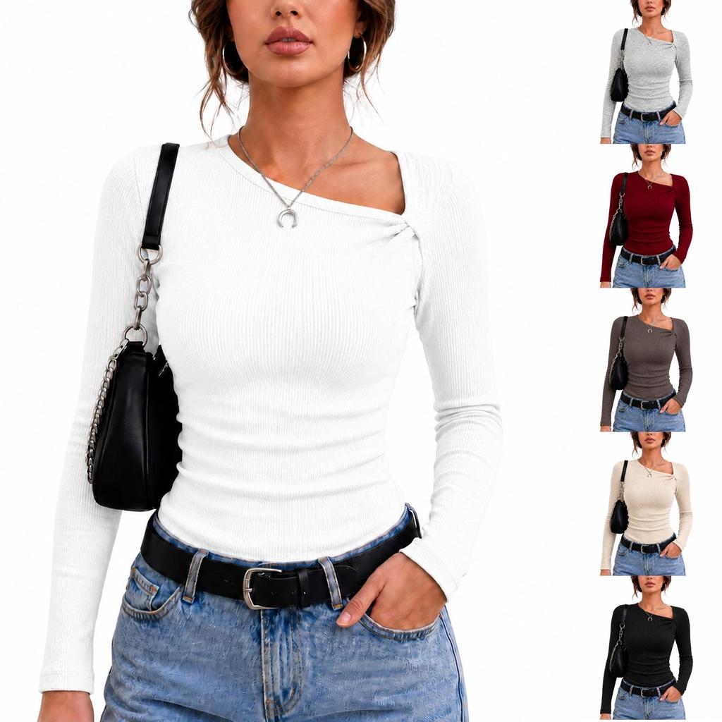 Knitted base shirt for women in spring and , with temperament and atmosphere, slanted collar top, moderate length, long sleeves