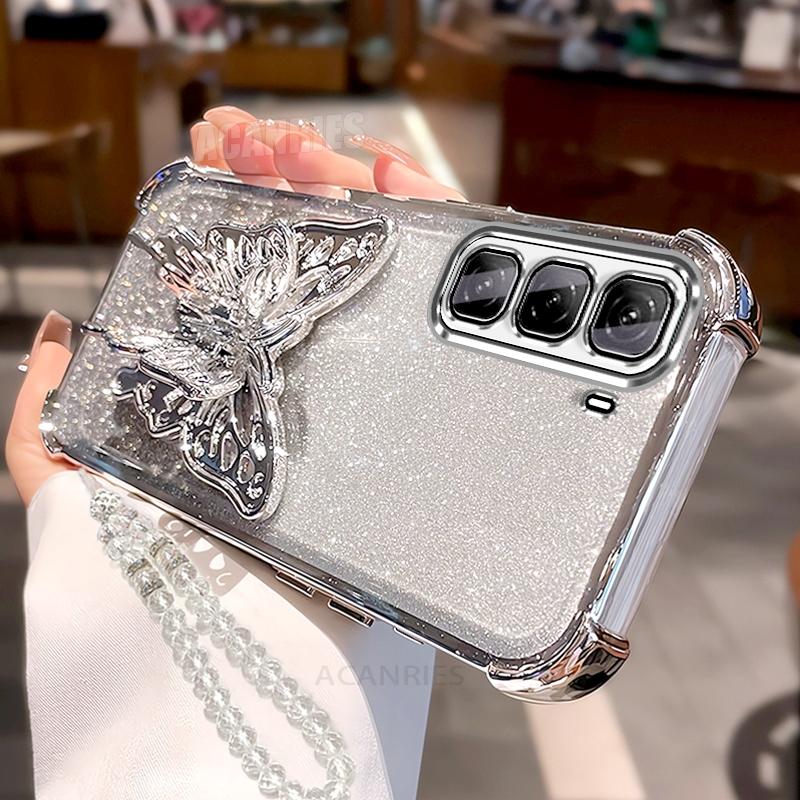 

Clear Lanyard Butterfly Holder Silicone Case For Infinix Hot 50 Pro Plus 4g 50i 40 Pro 30i Hot40 Plating Shockproof Stand Cover Infinix Hot 50 Pro+ 4G